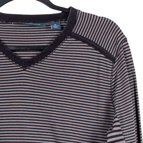 Perry Ellis Mens Shirt M VNeck Long Sleeve Striped Black Gray Cotton Contrast - Picture 2 of 5
